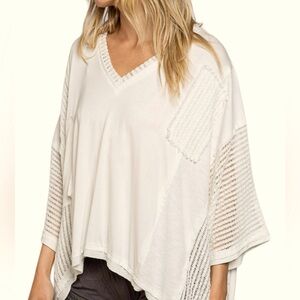 POL Women’s White/Ivory Crochet Contrast High-low Oversized V-Neck Top SZ SM